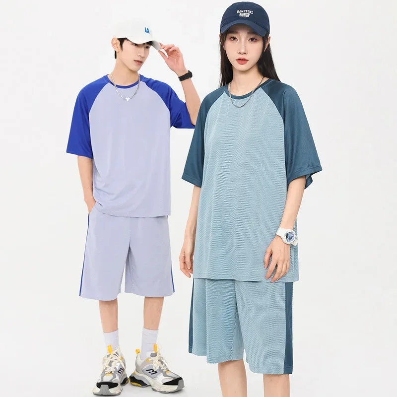 Oversized Summer Breathable Mesh Men Set Couple Outfit Patchwork Casual Women Short Sleeve Wide Leg Shorts Tracksuit 2pcs Set