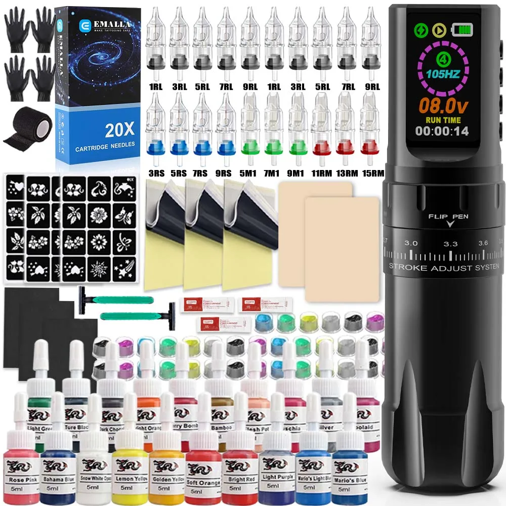 

Professional Wireless Tattoo Machine Kit 7 Stroke Red Black Pen Tattoo Ink Needle Practice Skin Transfer Paper Tattoo Accesories