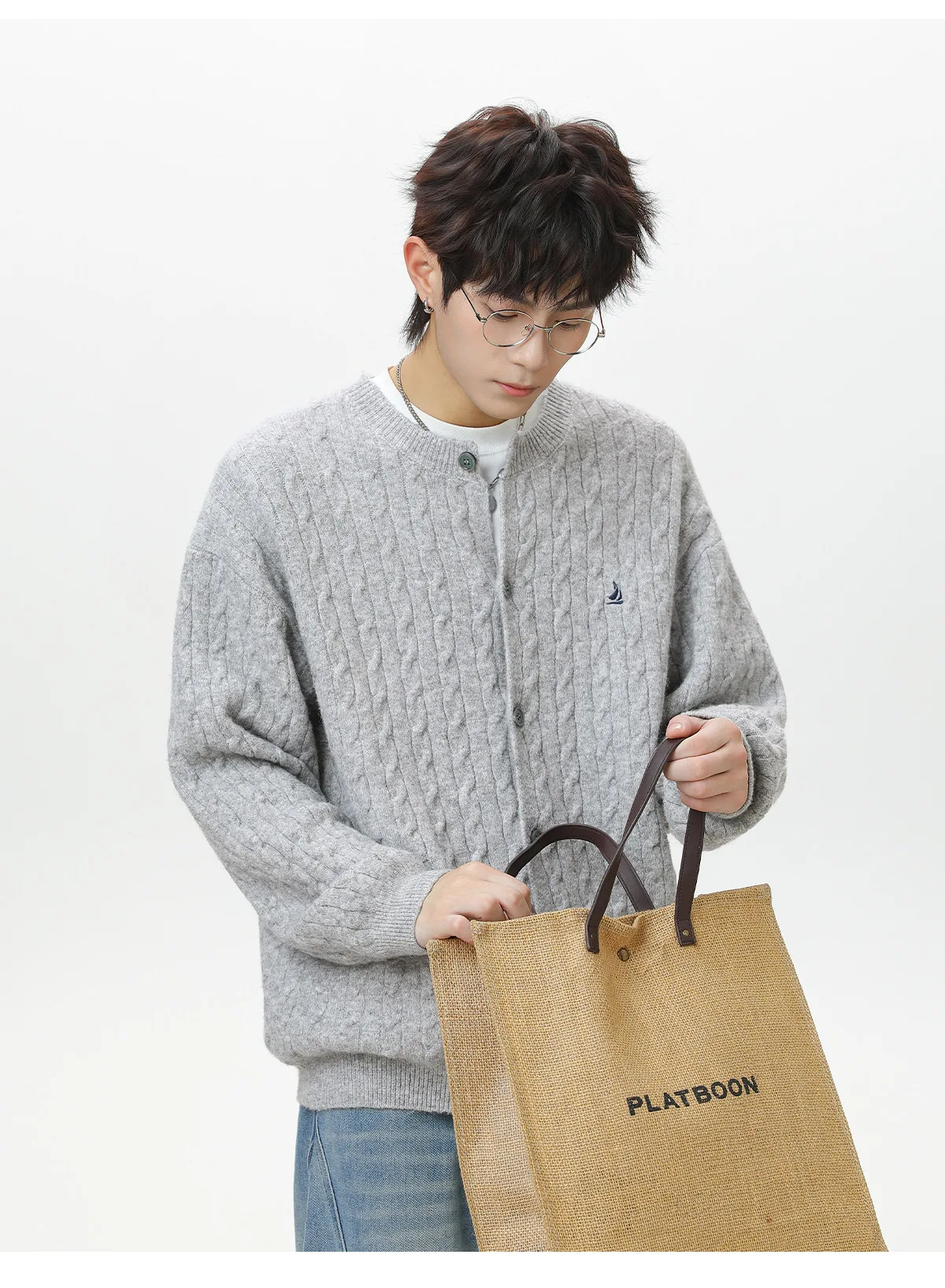 

Twisted-Knit Crewneck Cardigan Sweater for Men Autumn/Winter Textured Oversized Soft-Wool Knitwear Outerwear