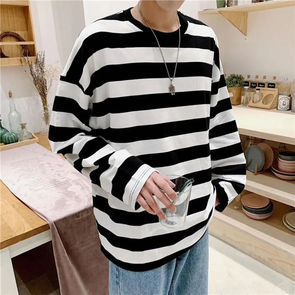 Striped Long Sleeve T-Shirt Men\'s Korean Style Contrast Striped Crewneck Top Loose Casual Sweatshirt Youth Fashion Accessories