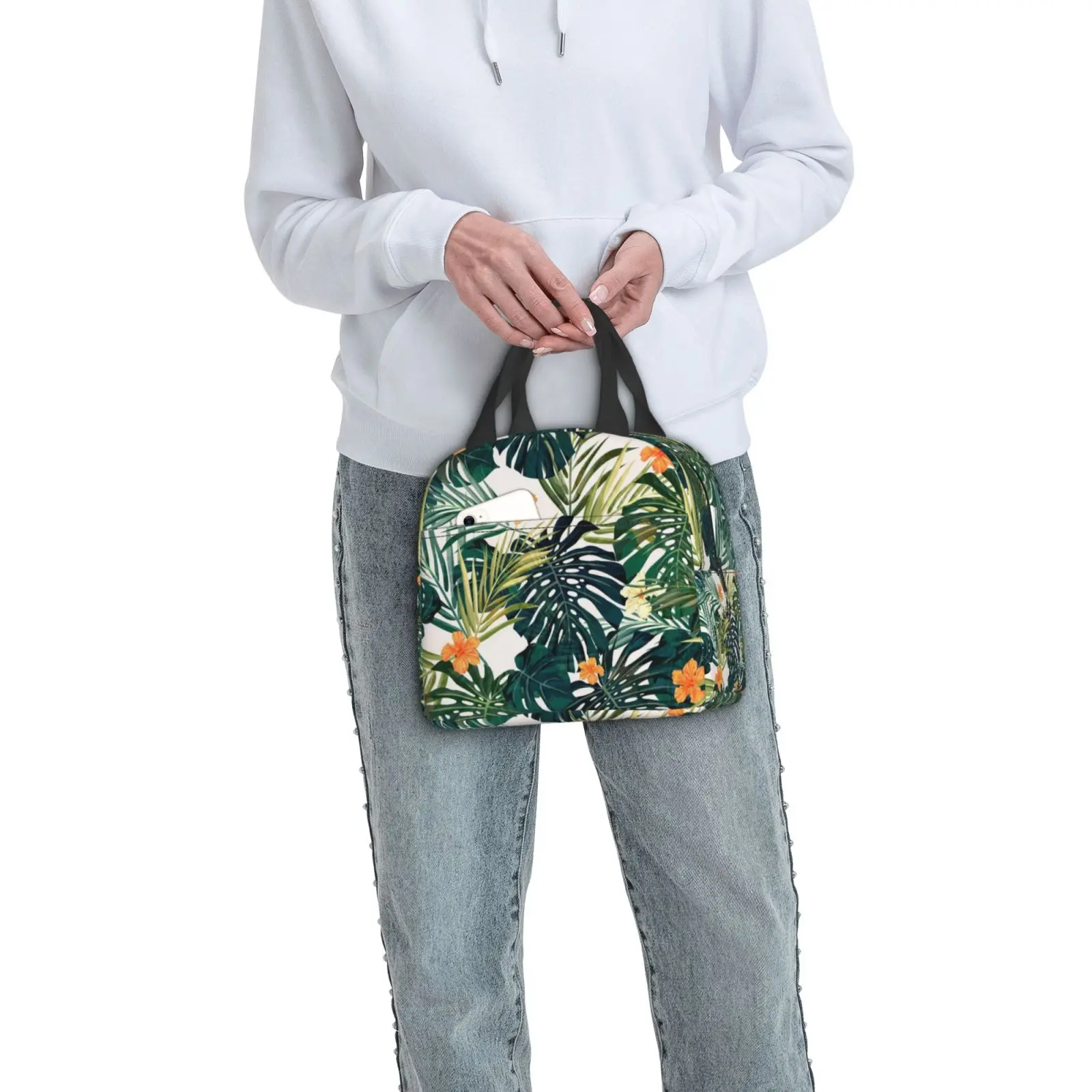 Tropical Palm Leaves Pattern Lunch Bag for Girls Funny Lunch Box Fun Picnic Cooler Bag Portable Zipper Oxford Thermal Lunch Bags