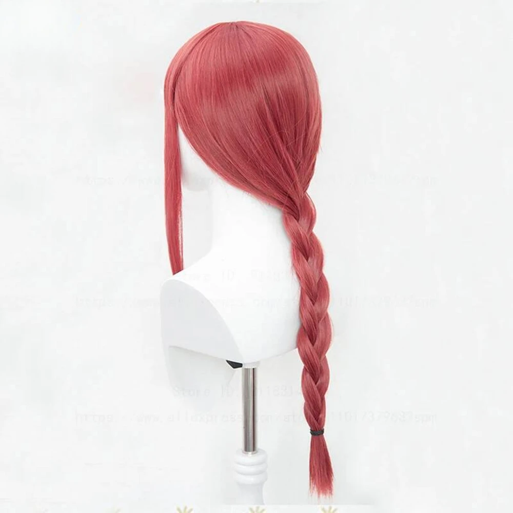 High Quality Makima Anime Chainsaw Man Cosplay Long Coral Pink Braided Heat Resistant Hair Role Play Wigs + Wig Cap view 3