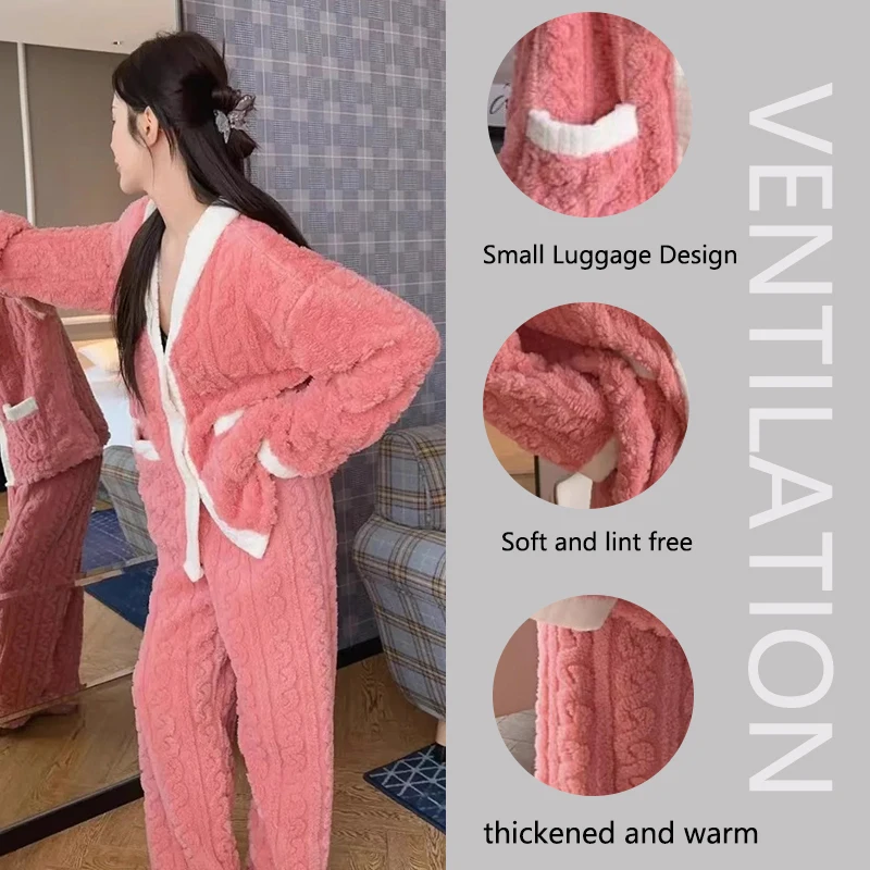 2pcs/Set Women\'s Winter Pajamas Padded Thickened Warm Pocket Models Plus Size Loose Korean Coral Fleece School pajamas Homewear