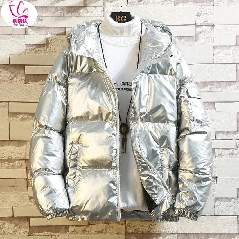 2024 Women's Down Jacket Winter Glossy Silver/Black/Gold/Blue  Hooded Parka Outwear Down Padded Coats Female