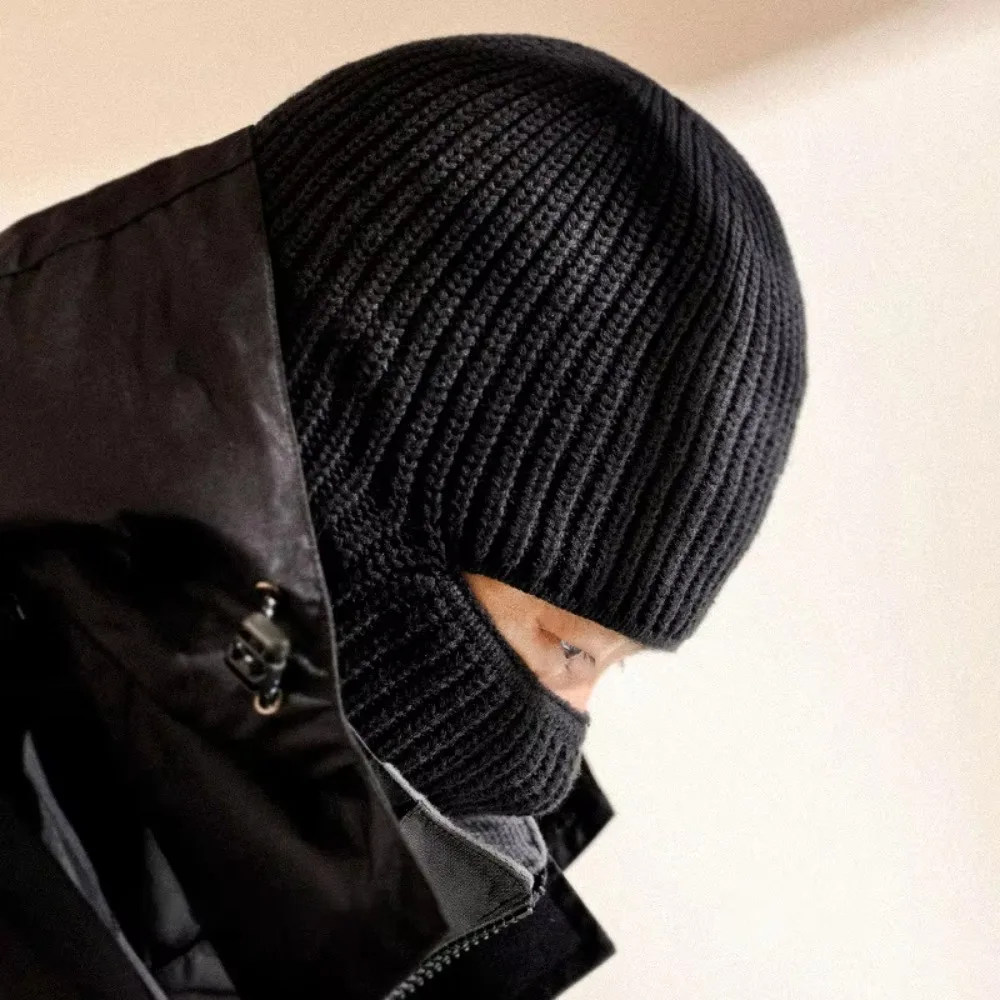 New Windproof Knitted Hat Full Face Cove Thicken Winter Balaclava Hat Ear Protection 2 In1 Mask Beanies Men