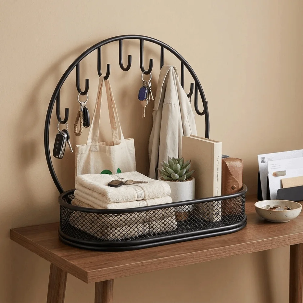 

Large Capacity Key Storage Organizer Space-saving Modern Iron Jewelry Display Stand with Hooks Bathroom Storage Tray Dormitory