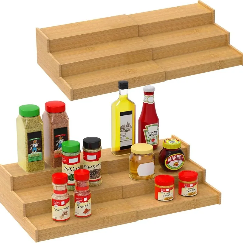 Creative Bamboo Kitchen Telescopic Storage Rack, Three-Layer Shelf, Seasoning Multi-Functional Storage Rack