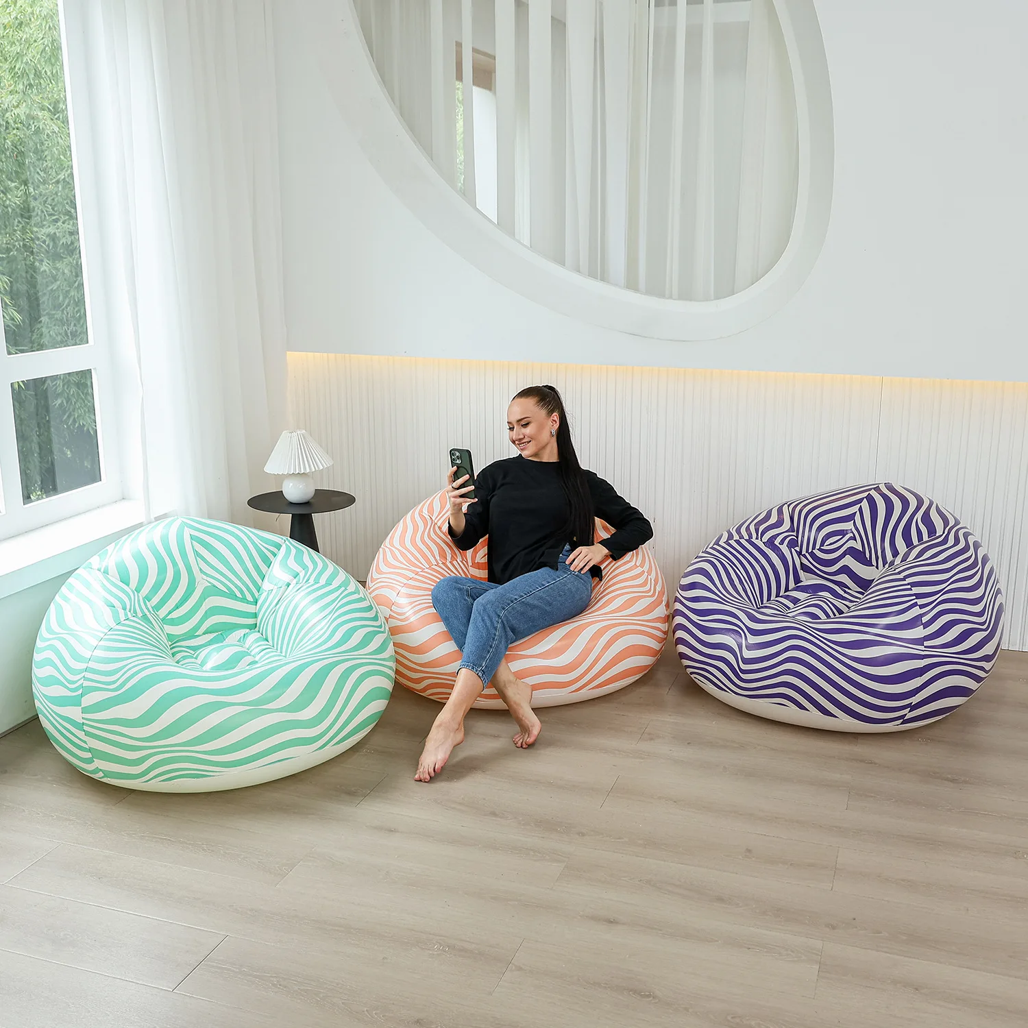 

1pcThickened lazy inflatable sofa folding recliner outdoor sofa Single ball sofa striped lazy sofa chair, tatami folding cushion