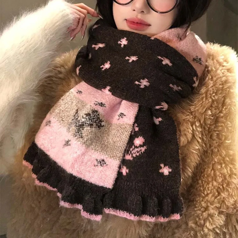 Double Sided Deer Knitted Scarf Throat Guard Thickened Yarn Reversible Warm Neckerchief Elegant Pattern Chic Shawls