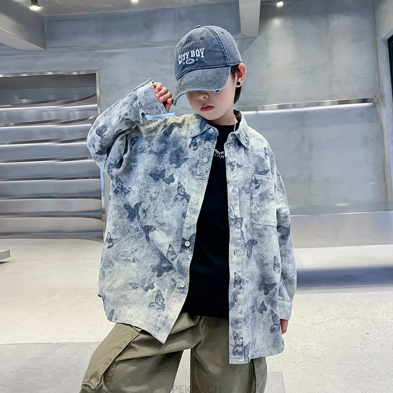 High Quality Children Long Sleeve Butterfly Print Shirt For Teens Boys Fashion Streetwear Outfit Blouse Kids Spring Clothing