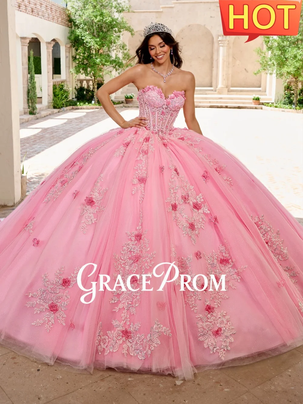 

GraceProm Refined Quinceanera Dress Unique Sweetheart Neckline Floral Appliques Rhinestones Vestidos De 15 Anos Customized