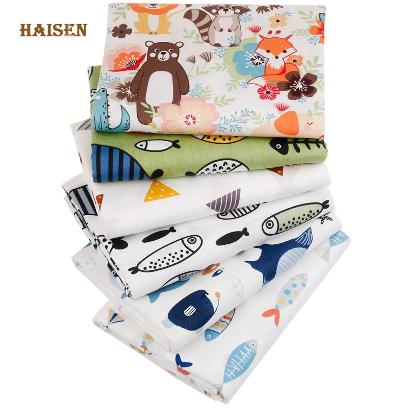 Printed Twill Cotton Fabric,DIY Sewing Quilting Patchwork Cloth Material For Baby&Child,40x50cm,6pcs,Colourful Bears&Fishes Set