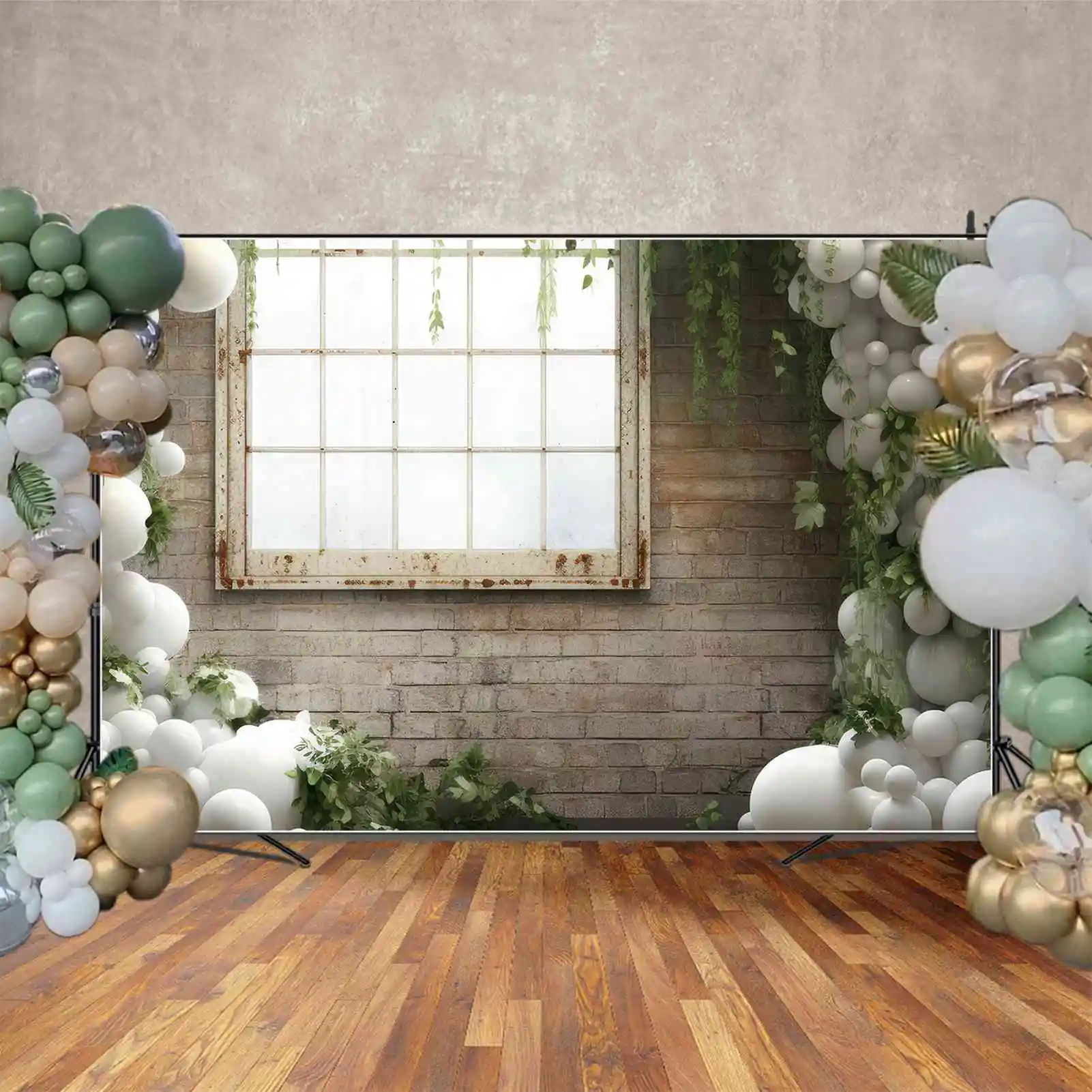 MOON.QG fondale matrimonio mattone ritratto finestra per foto drappeggio palloncino bianco erba verde sfondo decorazione festa di compleanno