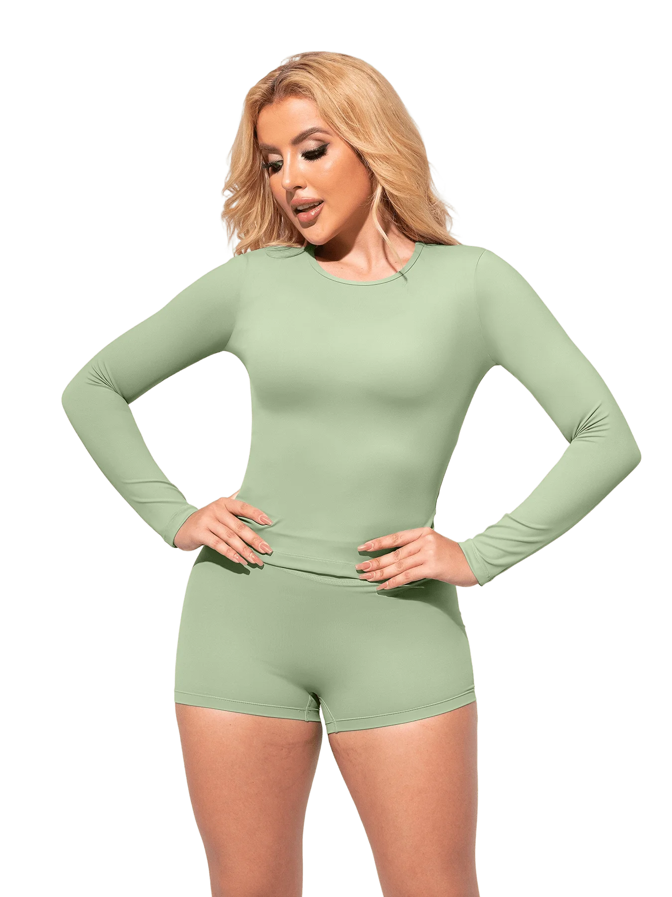 

Womens Solid Color Long Sleeve Short Pant Activewear Set Slim Fit Breathable Sportswear
