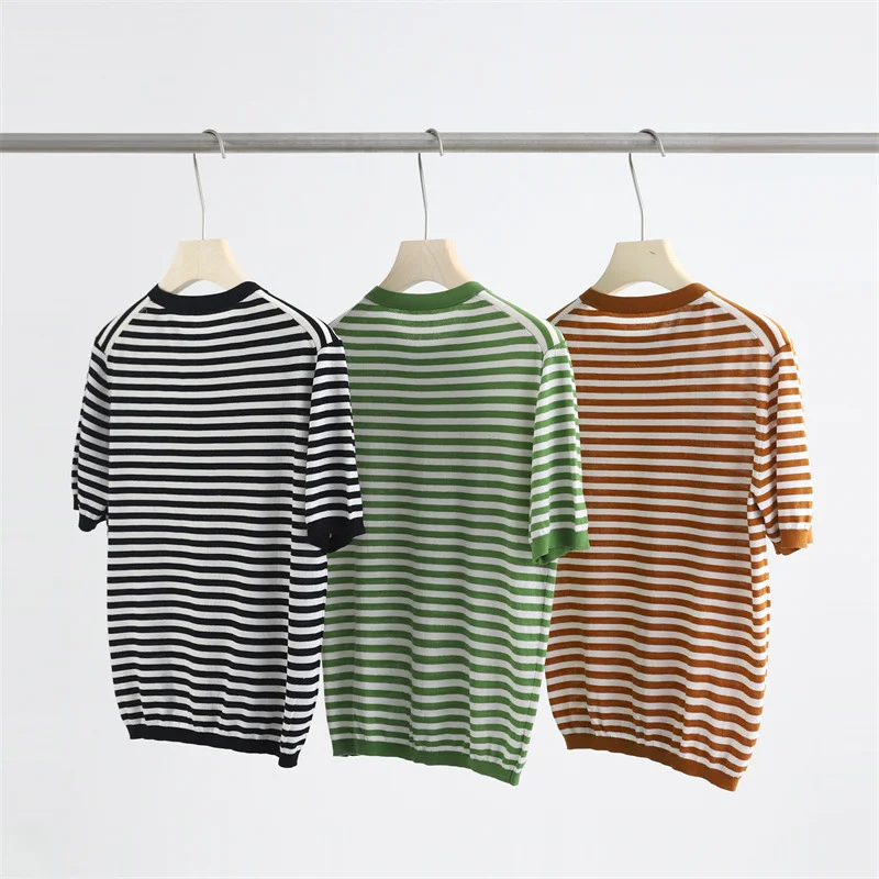 Summer Striped T-shirts Women's Tops Light Thin Sweaters Short Sleeves Long-staple Cotton Round Neck Breathable Knit StripeTees