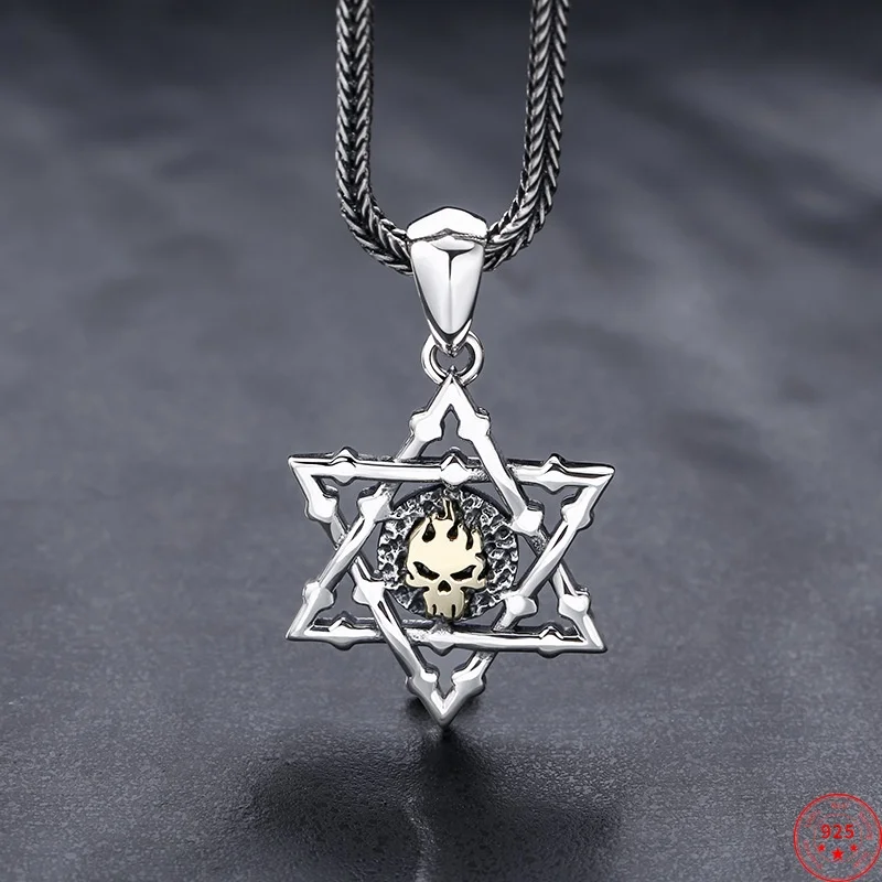 S925 Sterling Silver Pendants for Women Men Retro Relief Skull Pattern Hollow Hexagram Charm Punk Jewelry Amulet Wholesale
