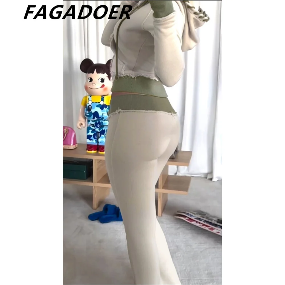 FAGADOER Autumn New Casual Sporty 2 Piece Sets Outfit Women Color Patchwork Drawstring Hoodies Jacket and Flare Pants Suits