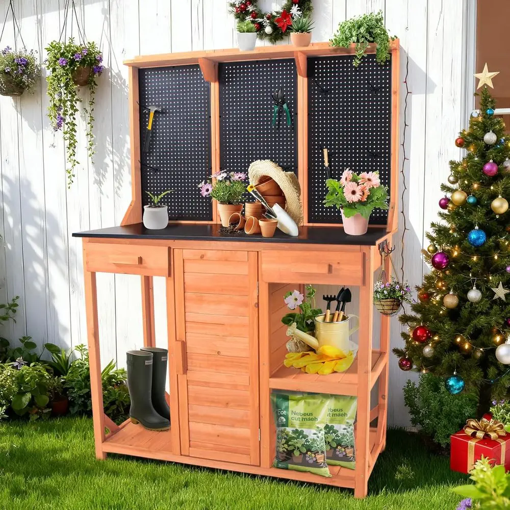 

Уличная деревянная станция для растений с перфорированной панелью, шкафом для хранения и столешницей из черного металла - Садовый стол для патио