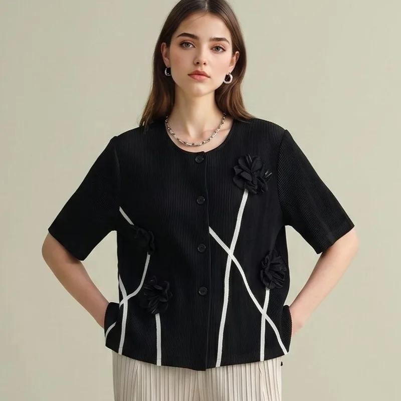 

Miyake Pleated Blouse Original Shirt 2026 Summer New Versatile Slim High-end Gentle Solid Color 3D Flower Pleats Top Fold Women
