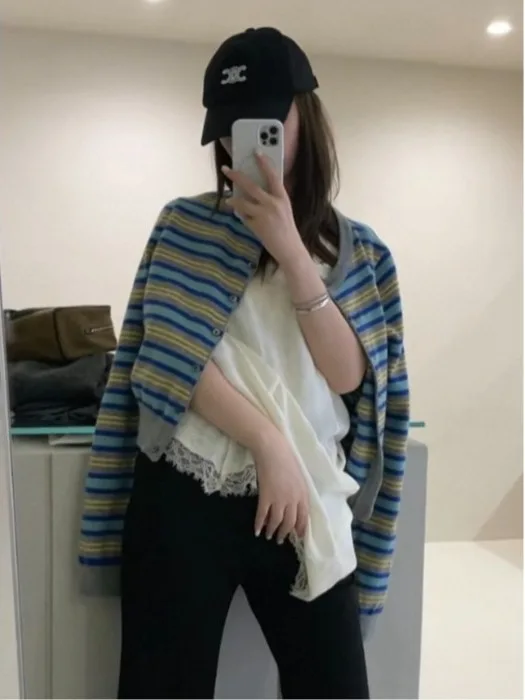 Chic Striped Knitted Open Cardigan Women's Fashionable Design Sensation Knitwear Outerwear Korean Style Regular Fit Medium So...