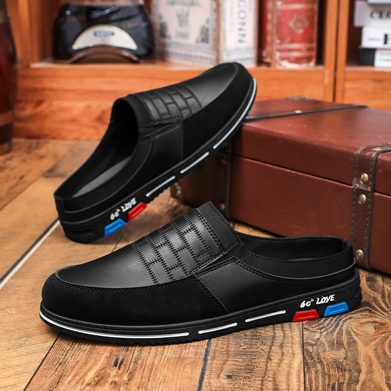 Large Size 37-48 Leather Mules Men Backless Loafers Slipper Half Shoes For Man Closed Toe Slide Sandals Open-back Casual Shoes