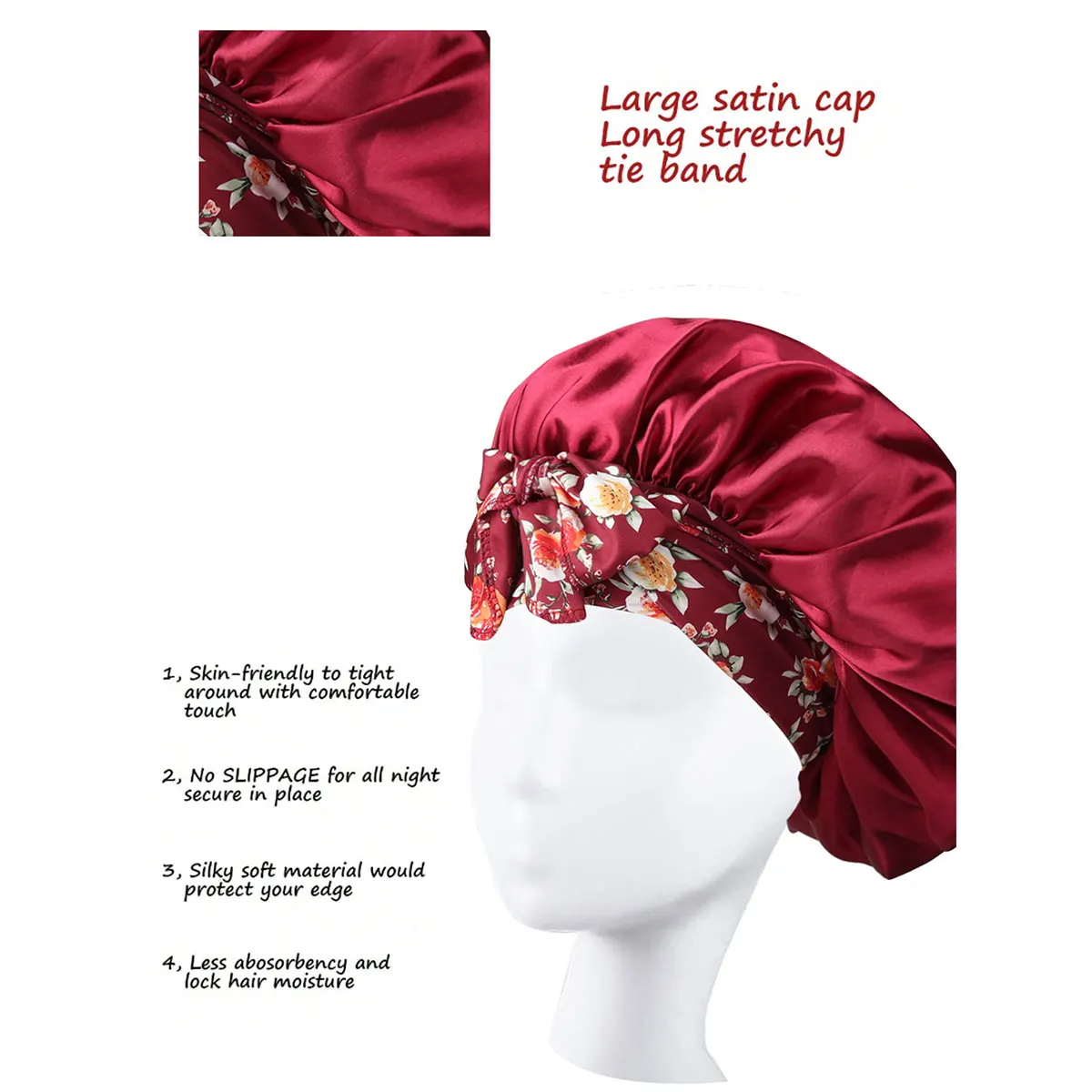 Silk Hat Bow for Women Sleep Hair Large Care Bonnet for Long Curly Hair Double Layer Wrap Soft Elastic Band Non-Slip Sleep Cap