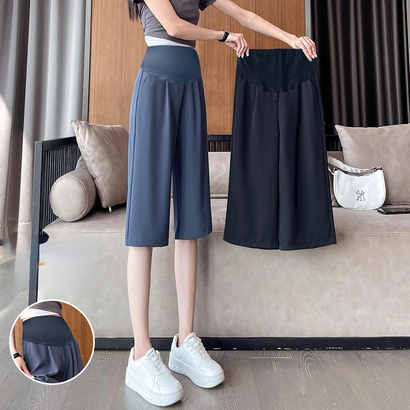 Summer Fashion Maternity Cotton Linen Trousers Thin High Waist Pregnant Woman Cropped Trousers Pregnancy Capris Formal Pants