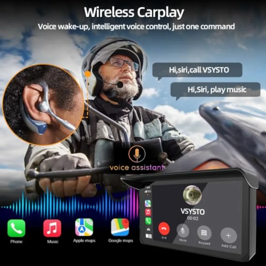 Motorcycle Carplay Screen, Wirel Carplay and Android Auto, HD Motorbike Touchscreen, Dual USB Port Power Cable, Temperature and