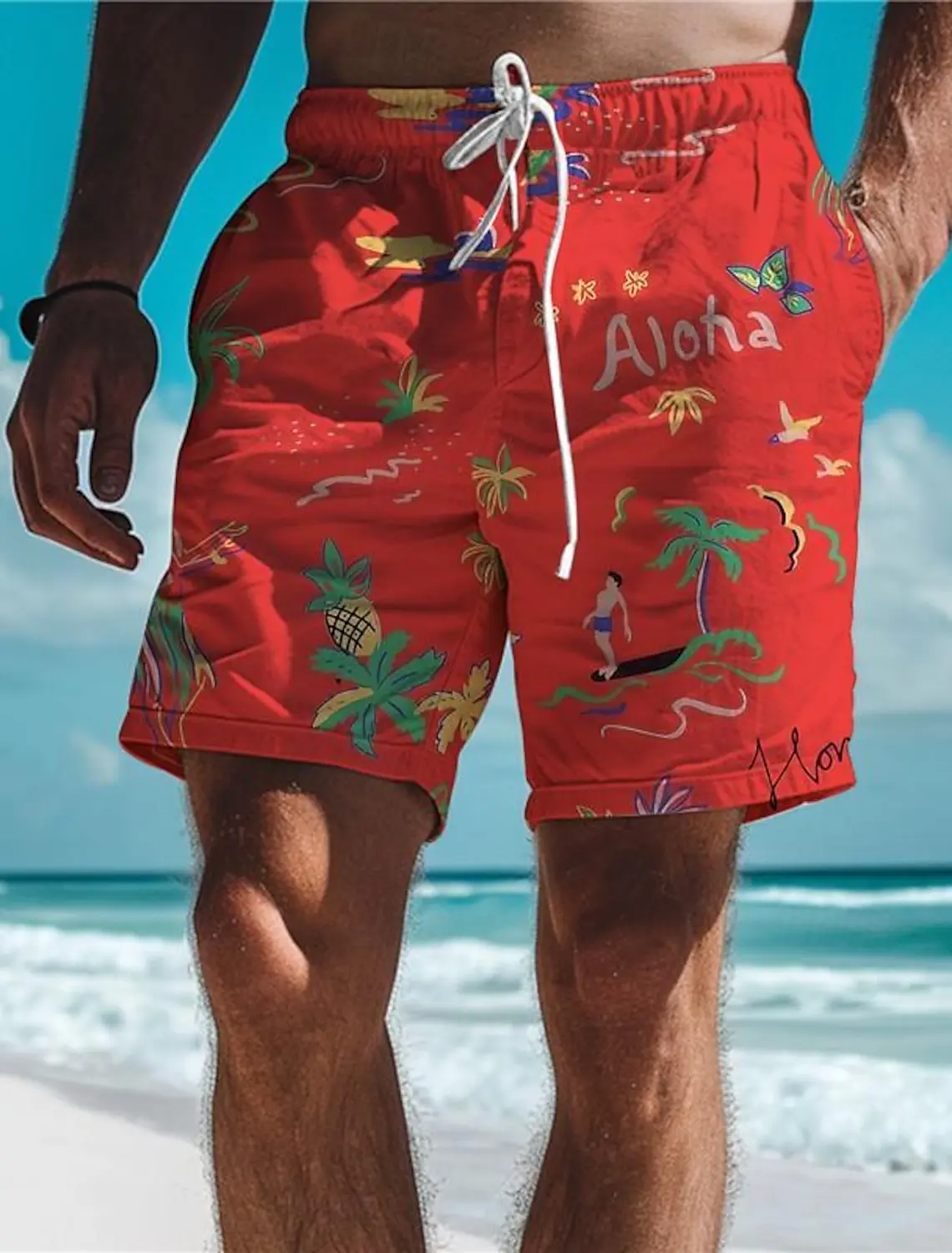 Aloha Palm Tree Men\'s Resort 3D Printed Board Shorts Swim Trunks Elastic Drawstring Stretch Short Hawaiian Style Holiday Beach