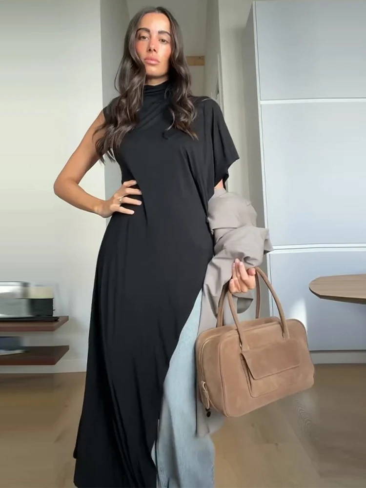 Schwarze Damen-Bluse mit Langem Oberteil, Schickem Kurzarm, Rüschen und Unregelmäßigem Saum, Modische Damen-Streetwear 2026 Sommer T-Shirt