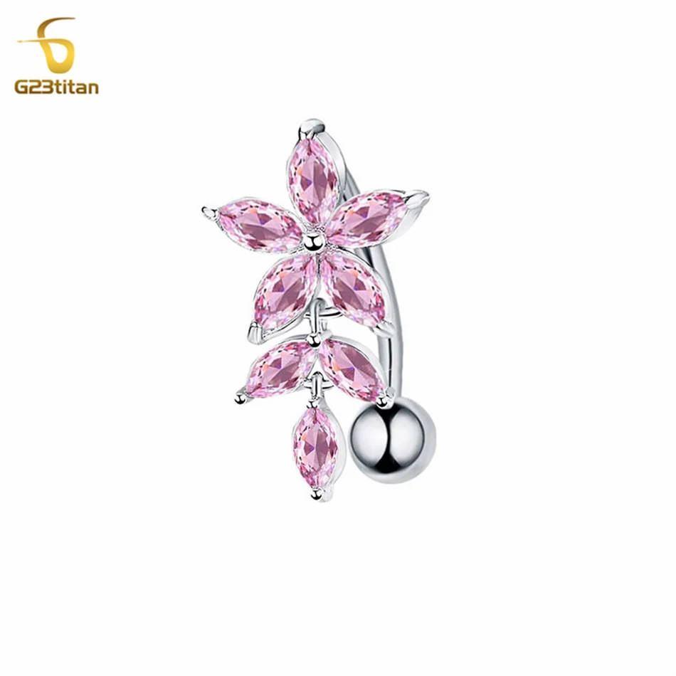 G23titan Pink Zircon Flower Umbigo Anel para Mulheres, Barbell Curvo de Titânio, Barra Nariz Reversa, Jóia do Corpo de Cristal, 6-16mm