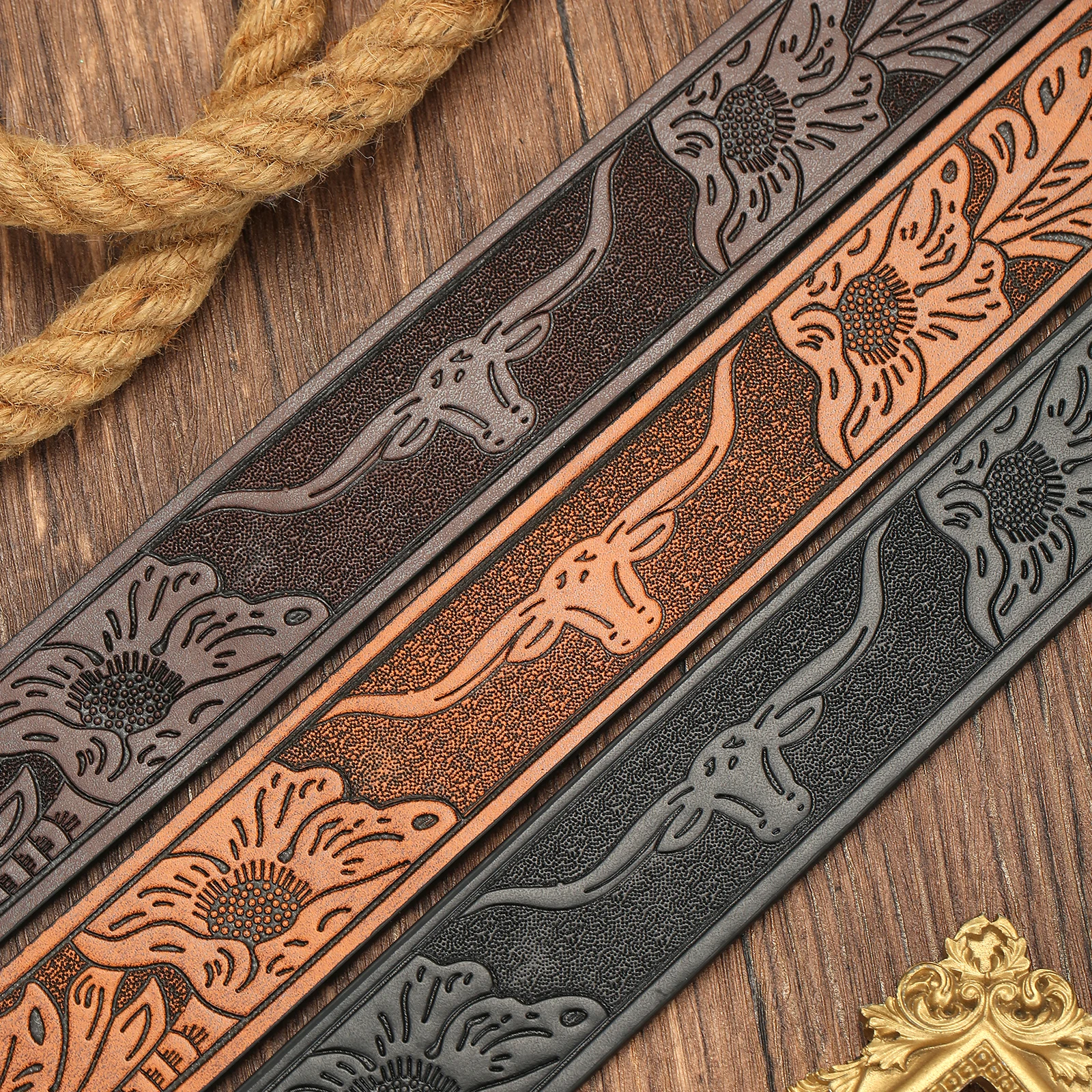 Herren Western-Gürtel mit geprägtem Muster, Blanko-Gurtband ohne Schnalle, Retro Cowboy PU-Leder Ersatzgürtel – Detail 1