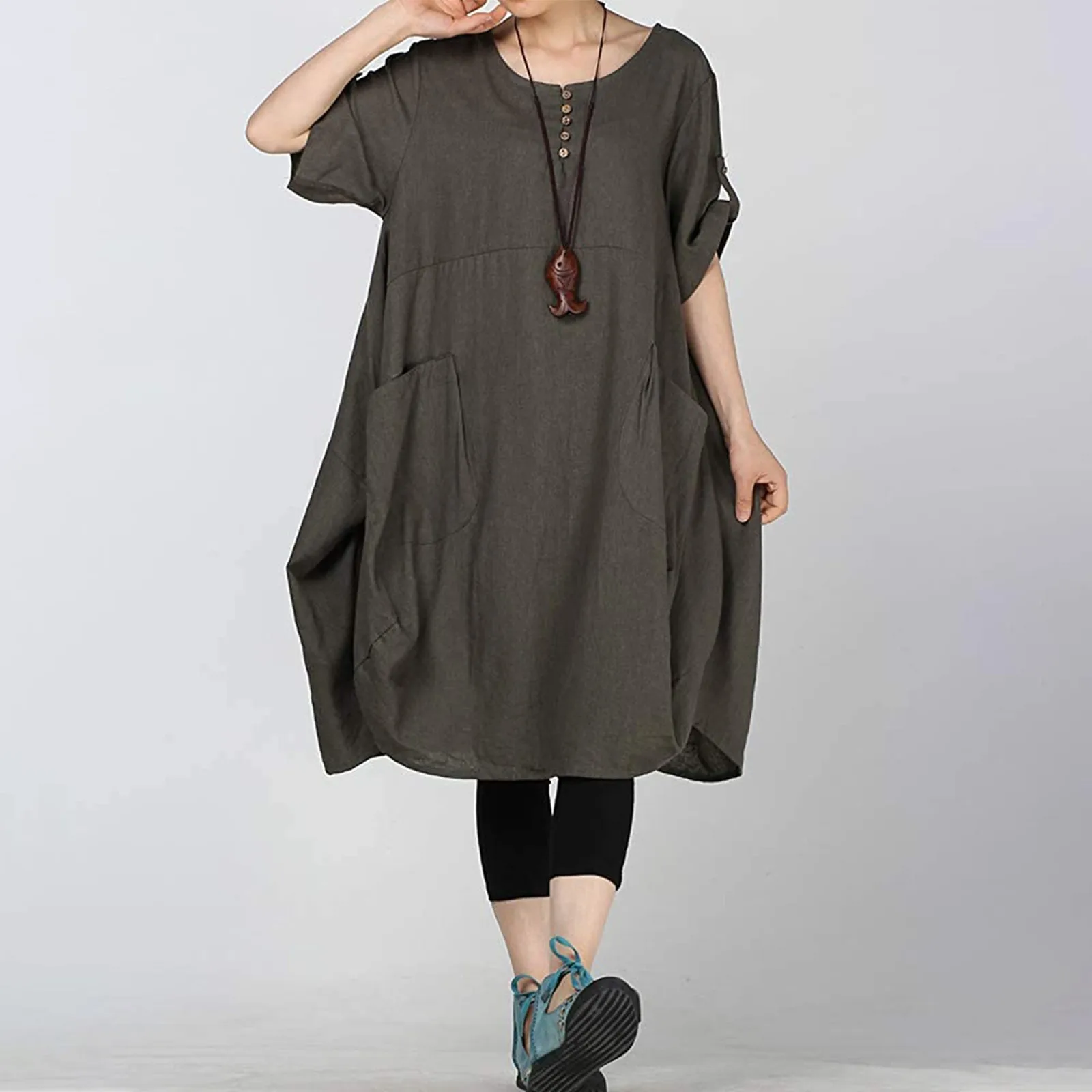 Women\'s Dress Plus Size Dress Linen Lantern Skirt Round Neck Waist Dress Suitable for Most Women