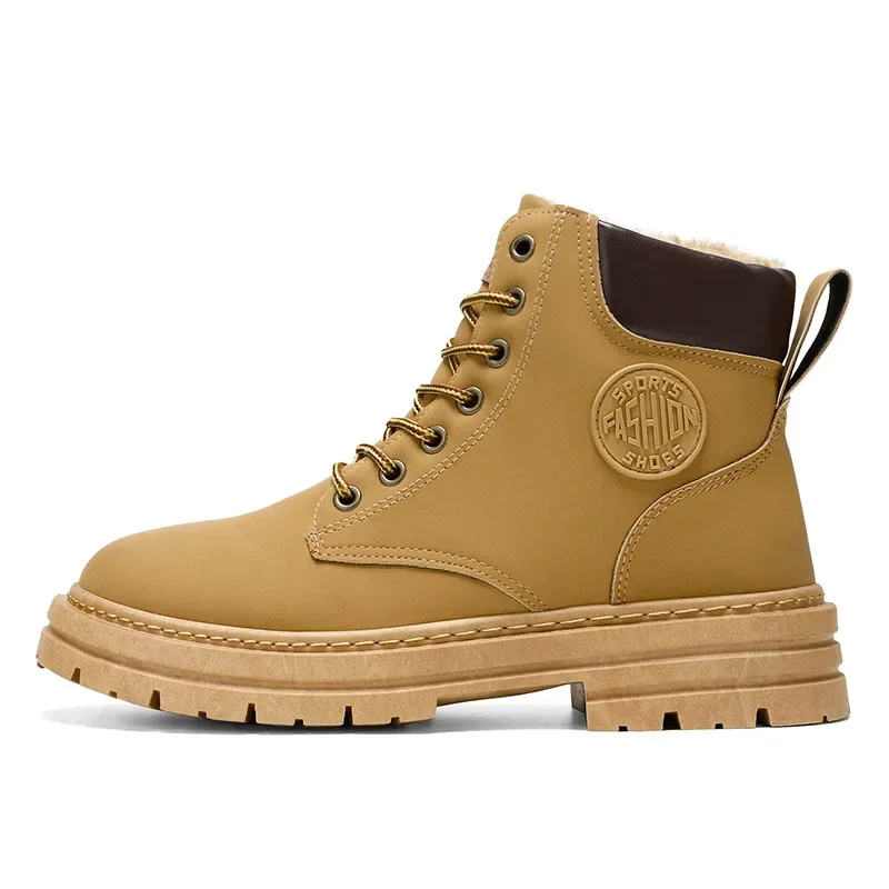 Botas de tornozelo de pele de inverno para homens alta superior sapatos de algodão quente ao ar livre plataforma à prova dwaterproof água botas de