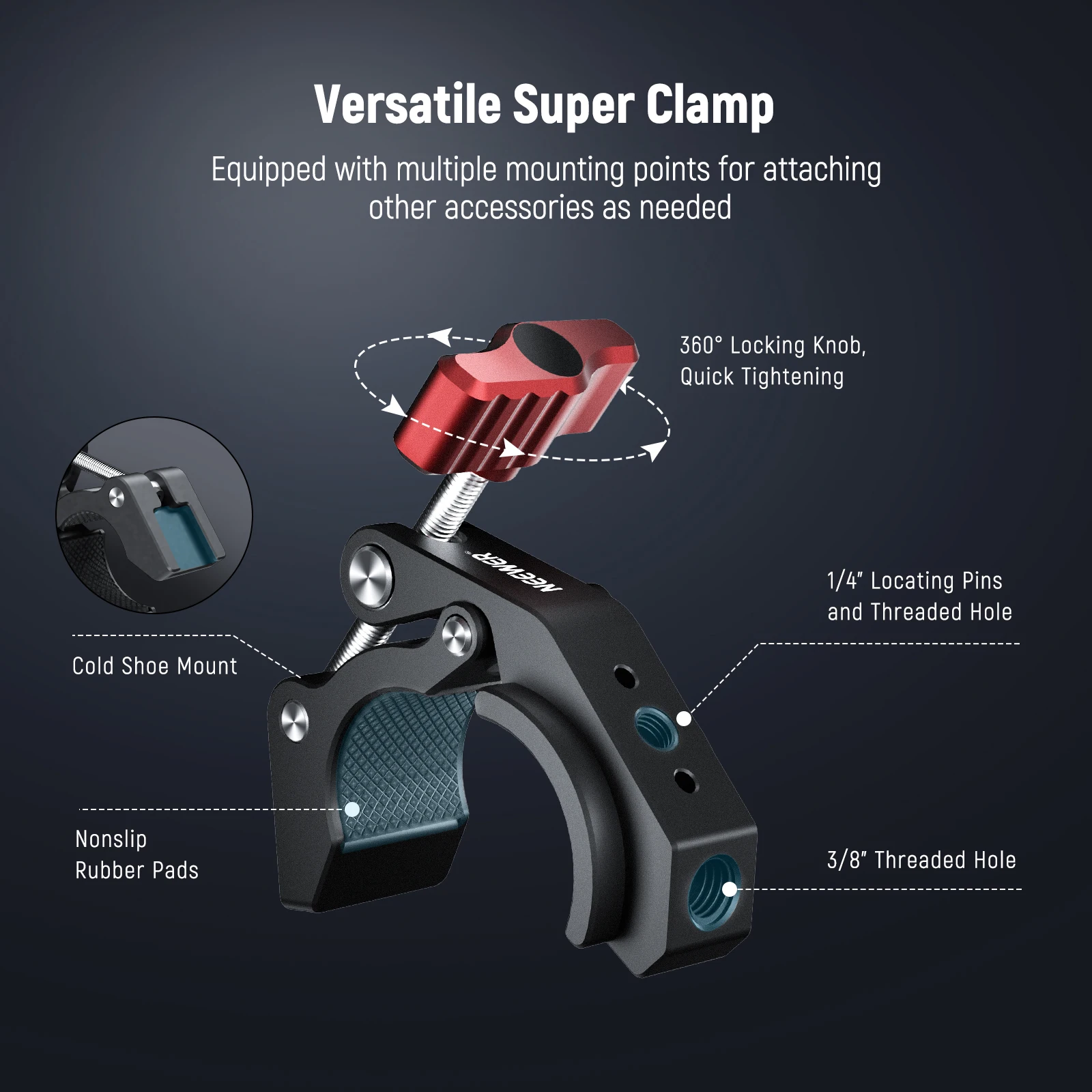 NEEWER Super Clamp with Cold Shoe and 1/4