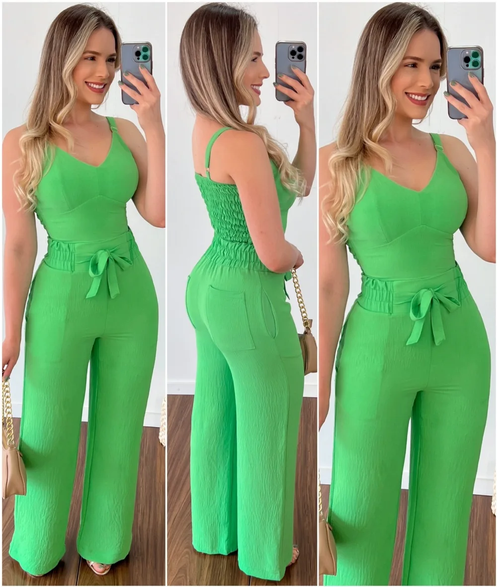 Elegant Women\'s camis Top+Pants 2 Piece Sets Solid khaki  Summer V-Neck Sexy High Waist Straight Leg Pants Female Casual Suit