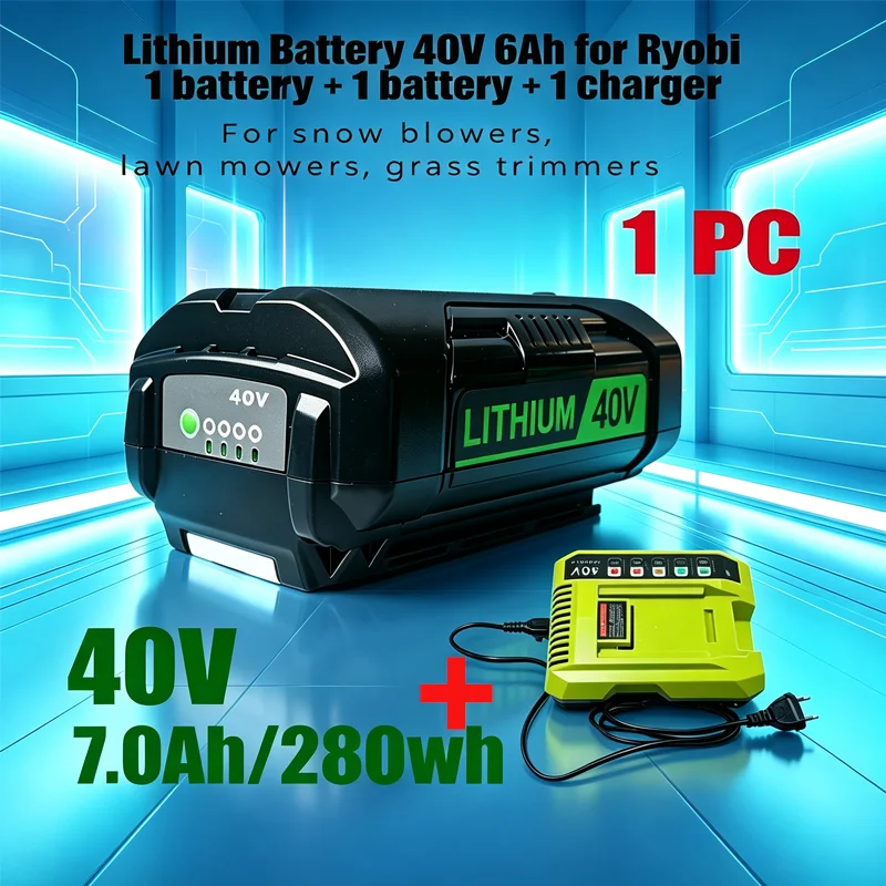 40V 7.0Ah High Power Lithium Battery PioBi36B RY40200, Compatible OP4026 RY40430 OP4050A BCL3650F for Lawn Mower Chainsaw