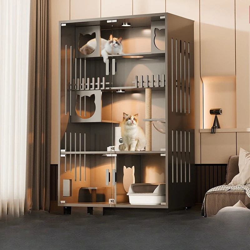 Cat Villa Solid Wood Indoor Cat Cage with Toilet Integrated Cat Bed Cabinet