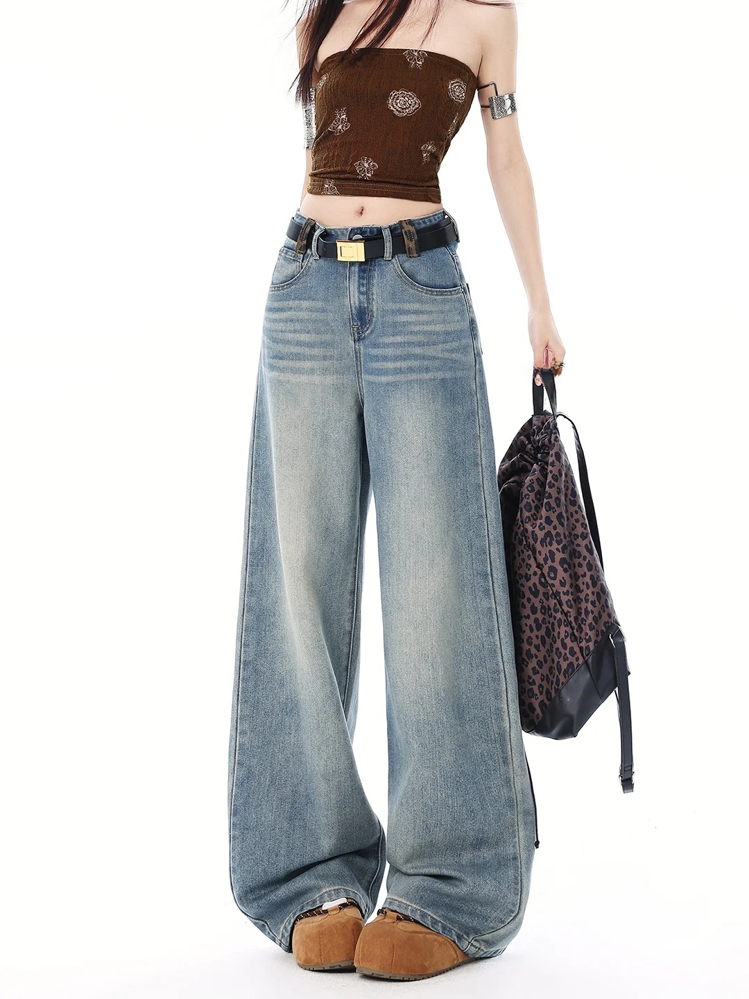 

FreeMary Retro Spicy Girl Sle ket Patchwork Leopard Print Jeans Women Loose Faion Slim Wide Leg Floor-Length Pants