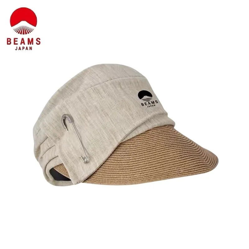 BEAMS Japanese‑Style Color‑Block Pleated Straw‑Brim Bucket Hat, Large Head Circumference Sun‑Protection Peaked Basin Cap Unisex