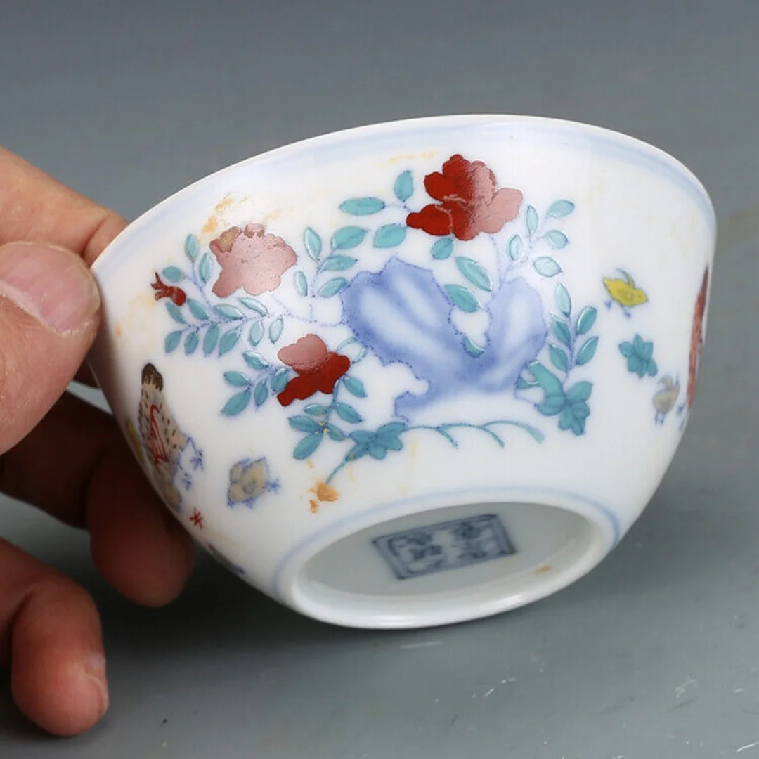 Ming Doucai Contrasting Colors Porcelain Animal Cock Rooster Cup 3.1" Chinese