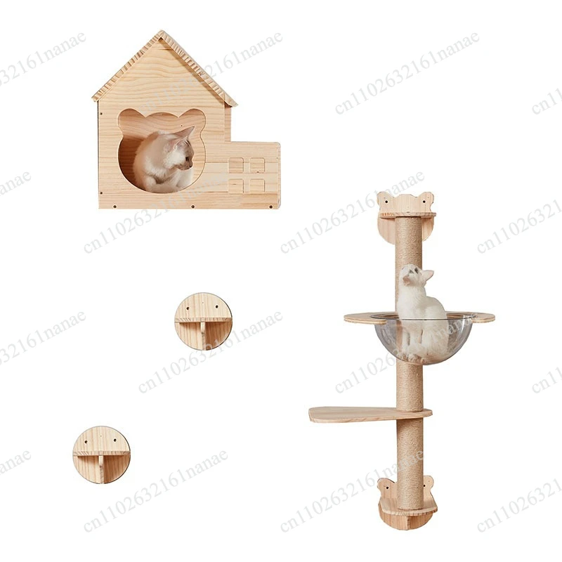 Solid Wood Wall-Mounted Cat Climbing Frame with Space Capsule & Floor-to-Ceiling Cat Tree, Cat Jumping Platform