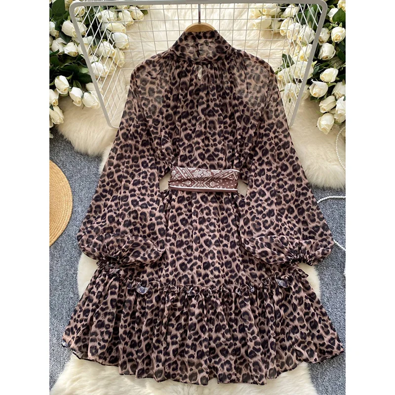 Women's Autumn Dress Fashionable Scarves Straps Waistband Lantern Sleeves Leopard Print Mesh A-line Short Vestidos DS022