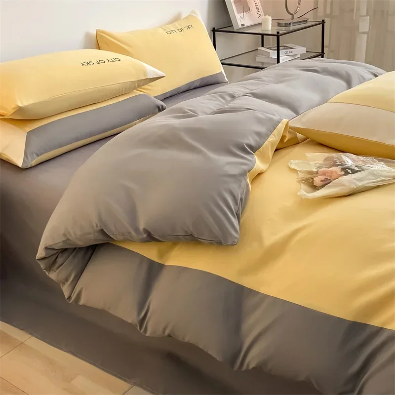 

Pure Cotton Splicing Process Three Piece Set Four Piece Bedding Set Duvet Cover with Bed Sheet Pillow Cover Yellow and Gray