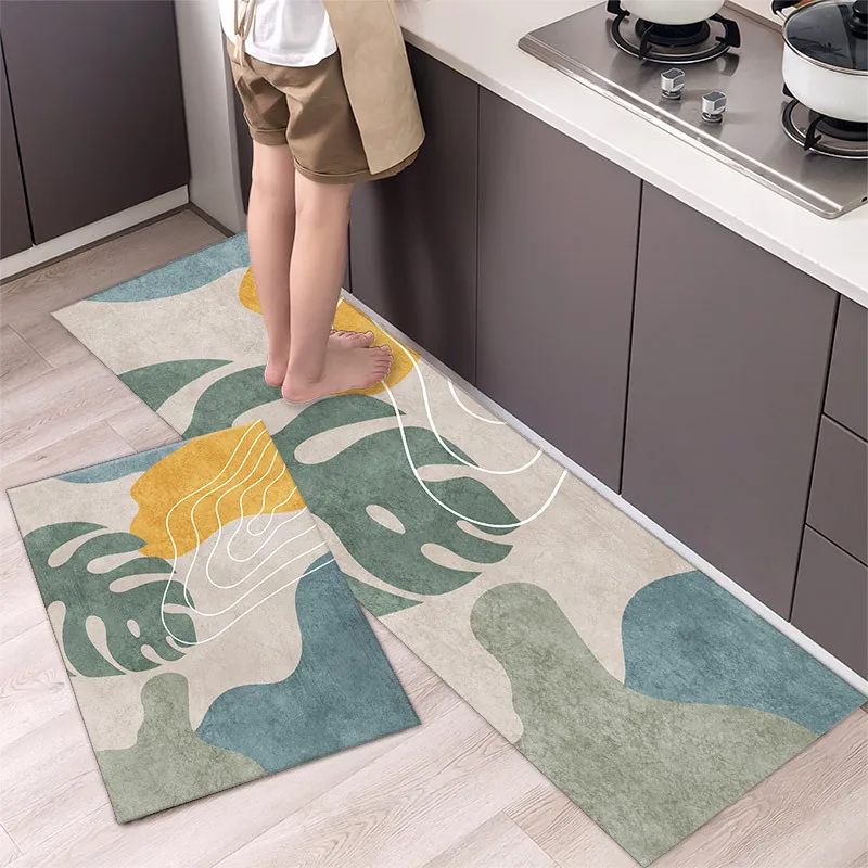 

Abstract Leaf Printed Oil Floor Mat Small Fresh Long Area Kitchen Floor Mat Easy To Handle Geometric Floor Mat Balcony Entrance