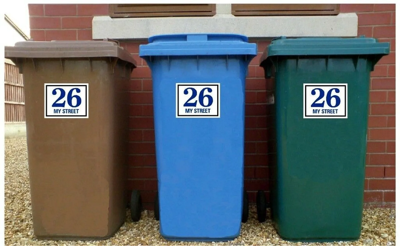 Customized WHEELIE BIN NUMBERS HOUSE ROAD STREET NAME RED BLUE BLACK Stickers Set of 3