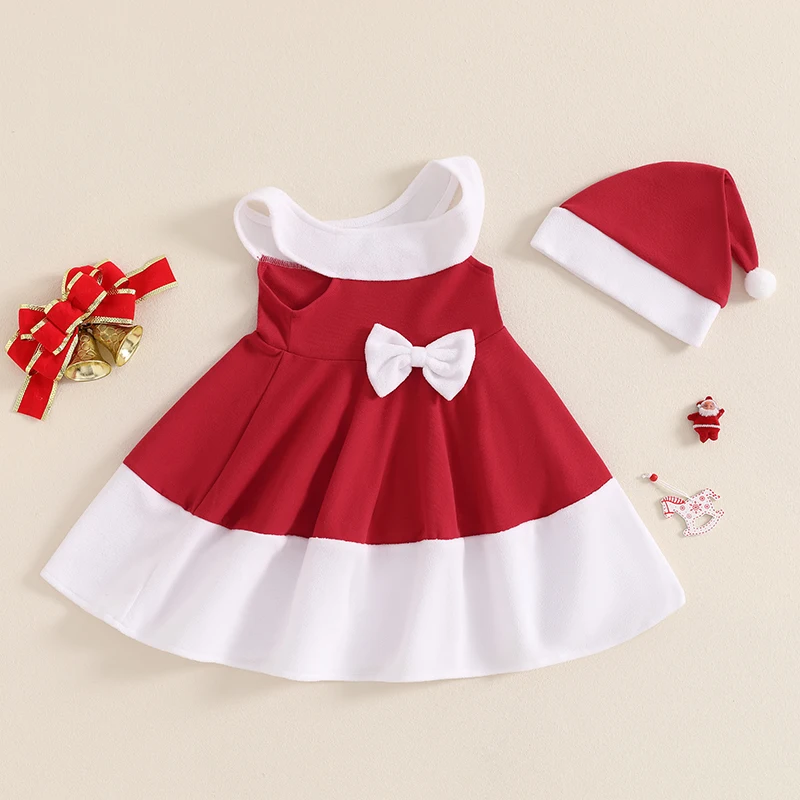 فتاة صغيرة زي عيد الميلاد ، القوس بلا أكمام ، المرقعة فستان على شكل خط مع قبعة ، ملابس الشتاء