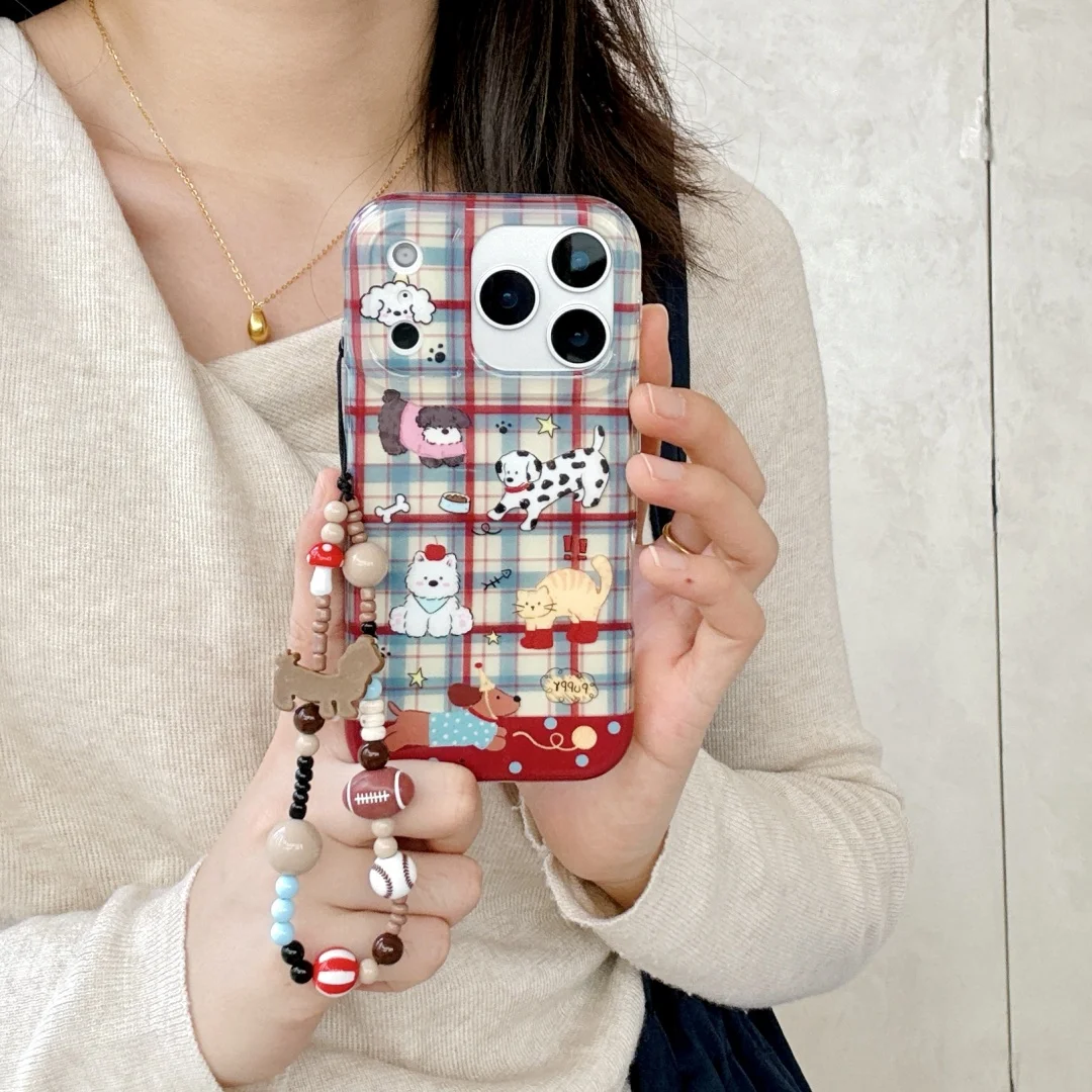 

Korean Cute Dachshund Plaid Pattern Cartoon Animal Phone Case for iPhone 17 16 Pro Max 15 14 Pro Max Plus Cover with lanyard﻿﻿