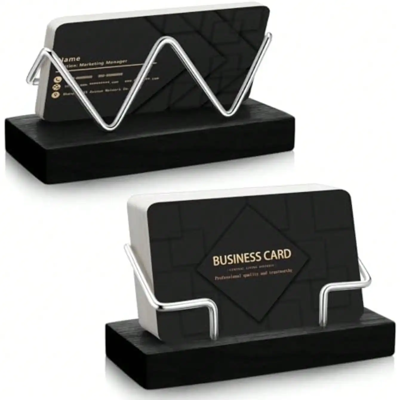 2 Pieces Wood Business Card Holder For Desk Wooden Business Card Display Stand Postcard Holder For Office Home Desktop Black, Silver image 3