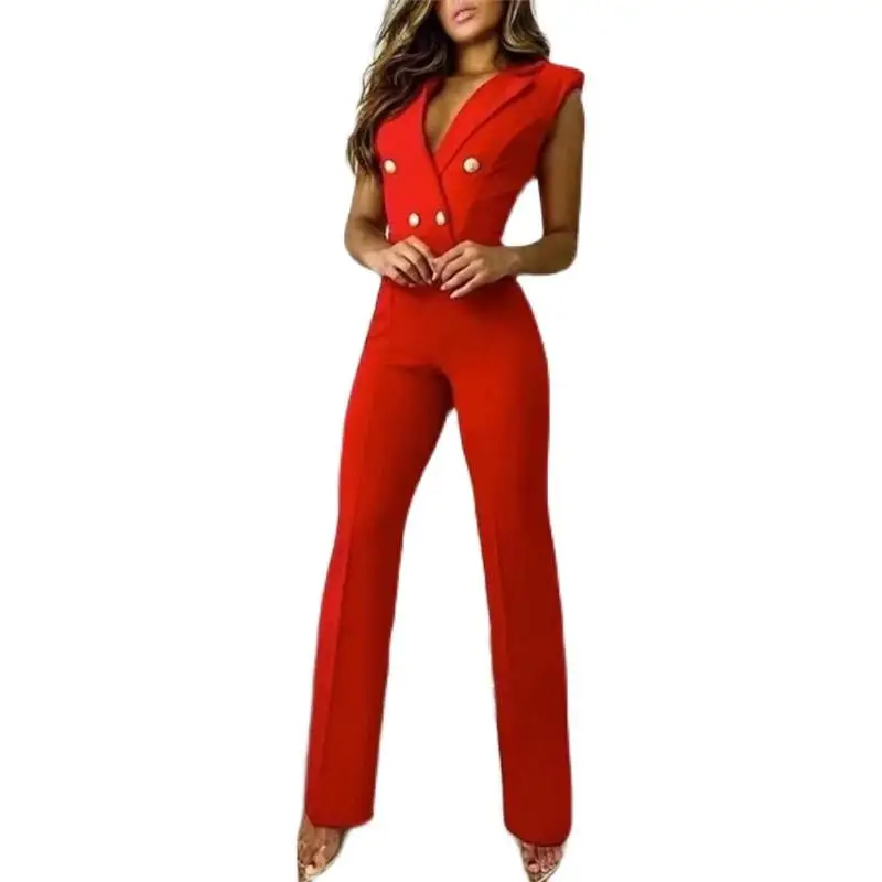   Nieuwe Slim Fit Double Breasted Pak Kraag Svel Lady's Overall Lange Broek Professionele Dameskleding Rechte pijpen